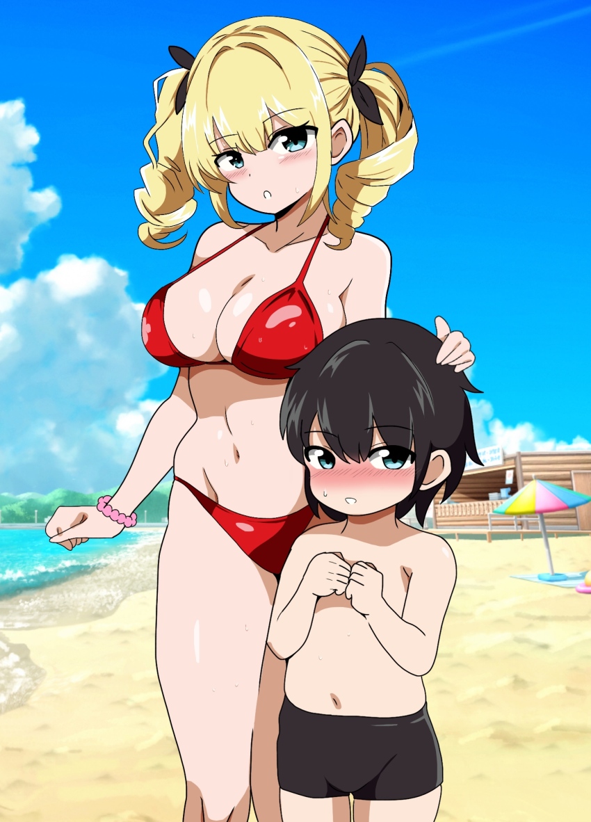 1boy 1girl age_difference beach bikini black_hair black_male_swimwear blonde_hair blue_eyes blue_sky blush bracelet breasts brother_and_sister cleavage cloud commentary_request day drill_hair feet_out_of_frame highres horizon jewelry kinako_mochi_(pixiv100419090) large_breasts long_hair male_swimwear nose_blush ocean onee-shota original outdoors red_bikini short_hair siblings sky standing swim_trunks swimsuit twintails