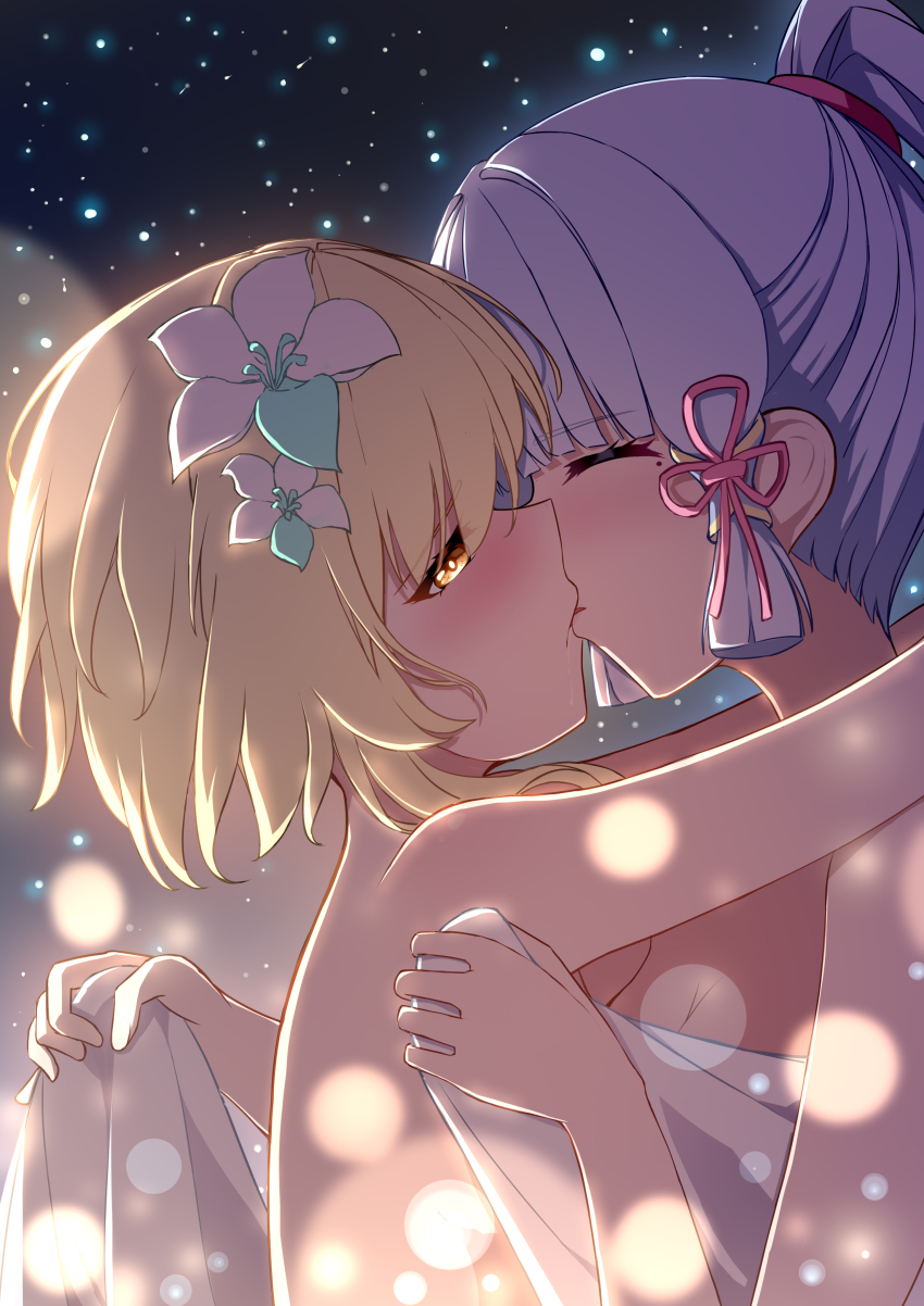 2girls absurdres arms_around_neck ayaka_(genshin_impact) blonde_hair blush breasts chinese_commentary cleavage closed_eyes commentary_request covering_privates flower from_side genshin_impact hair_flower hair_ornament high_ponytail highres kiss looking_at_viewer lumine_(genshin_impact) mole mole_under_eye multiple_girls mxirony night night_sky nude nude_cover short_hair_with_long_locks sky star_(sky) starry_sky towel white_flower white_hair yellow_eyes yuri