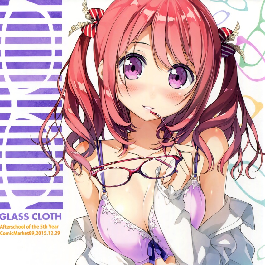 1girl absurdres bare_shoulders blue_bow blush bow bow_bra bra breasts cleavage collarbone collared_shirt cropped dress_shirt female_focus glasses hair_bow hand_up highres holding holding_removed_eyewear kantoku kurumi_(kantoku) long_hair looking_at_viewer medium_breasts non-web_source off_shoulder open_clothes open_shirt original parted_lips pink_hair pink_lips purple_bra purple_eyes red_bow scan shirt smile solo spaghetti_strap striped_bow teeth underwear unworn_eyewear white_shirt