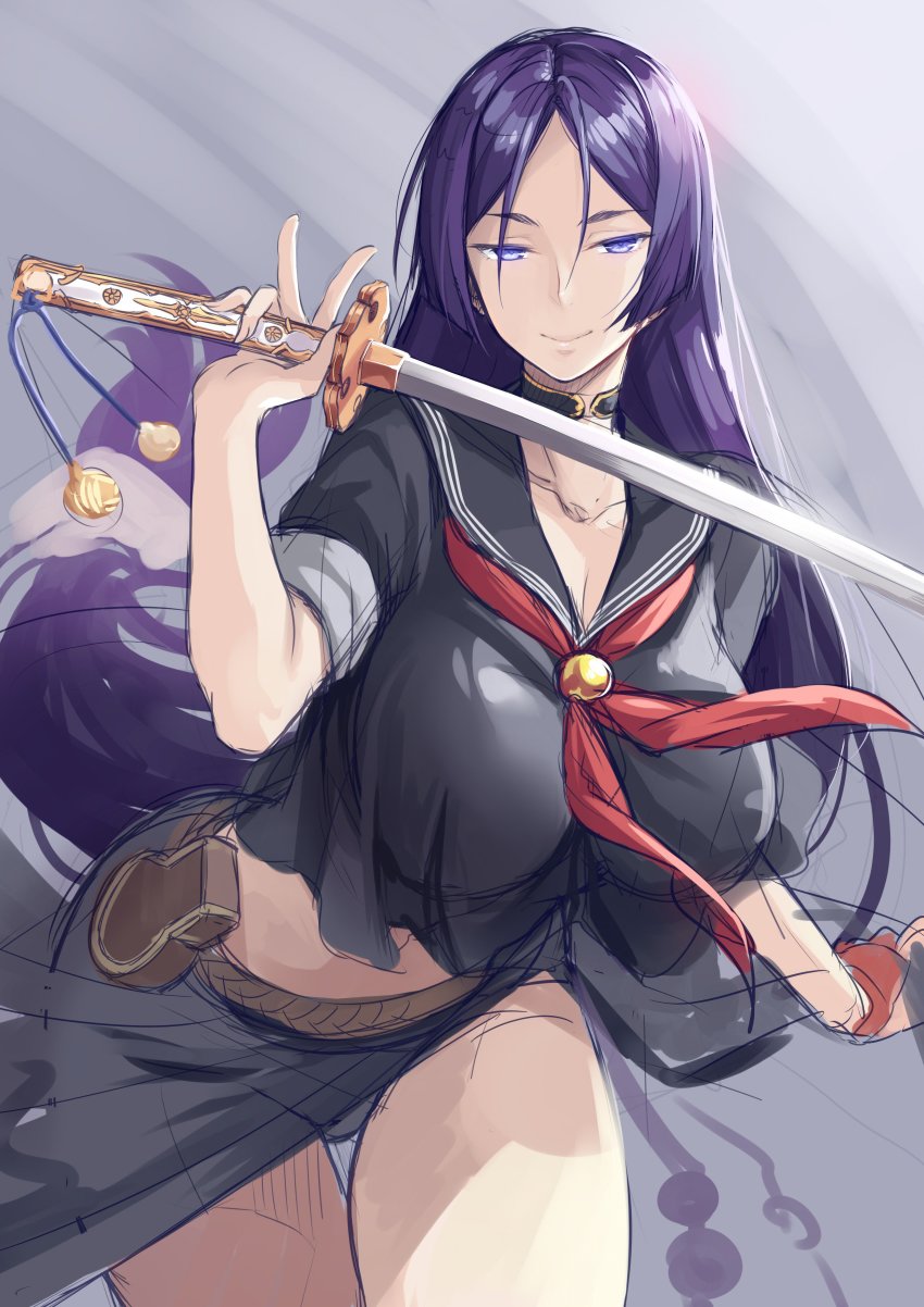 1girl absurdres black_serafuku black_shirt breasts fate/grand_order fate_(series) female_focus highres katana large_breasts long_hair looking_at_viewer minamoto_no_raikou_(fate) minamoto_no_raikou_(swimsuit_lancer)_(fate) minamoto_no_raikou_(swimsuit_lancer)_(second_ascension)_(fate) neckerchief okitakung parted_bangs purple_eyes purple_hair red_neckerchief sailor_collar sailor_shirt school_uniform serafuku shirt solo sword very_long_hair weapon