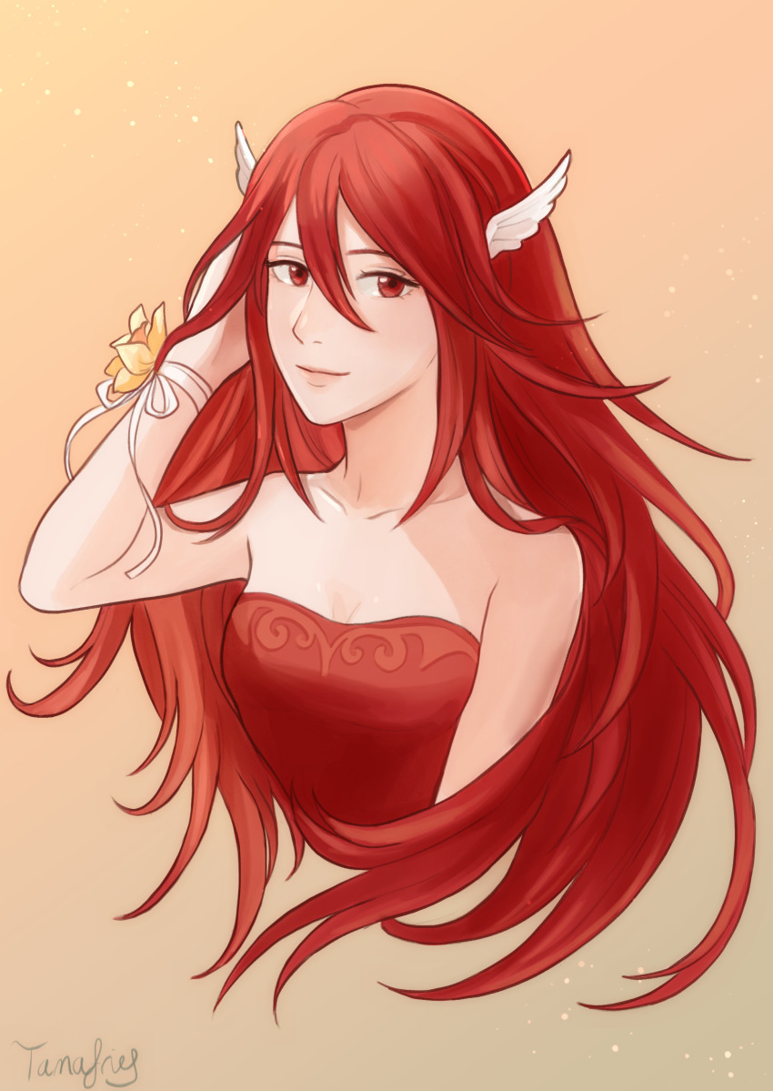 1girl absurdres bare_shoulders breasts cleavage commission cordelia_(fire_emblem) corsage dress fire_emblem fire_emblem_awakening flower hair_between_eyes hair_flowing_over hair_ornament hand_on_own_head highres long_hair looking_at_viewer nintendo red_eyes red_hair ribbon signature small_breasts smile solo strapless strapless_dress tamafry very_long_hair