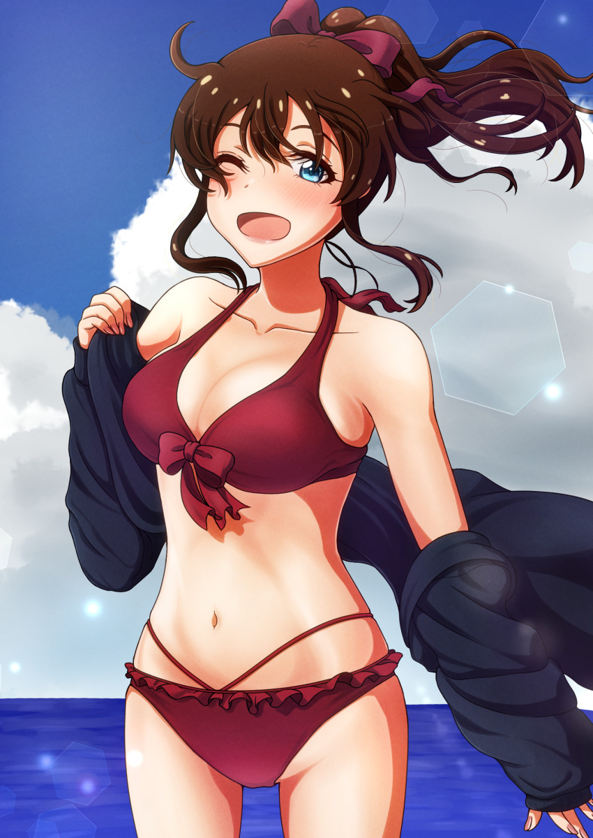 1girl bikini bikini_under_clothes blue_eyes bow bow_bikini breasts brown_hair cleavage cloud cloudy_sky cowboy_shot highres idolmaster idolmaster_million_live! idolmaster_million_live!_theater_days kaberiemate lens_flare lens_flare_abuse long_hair looking_at_viewer medium_breasts navel ocean one_eye_closed ponytail red_bikini removing_jacket satake_minako sky smile solo swimsuit swimsuit_under_clothes