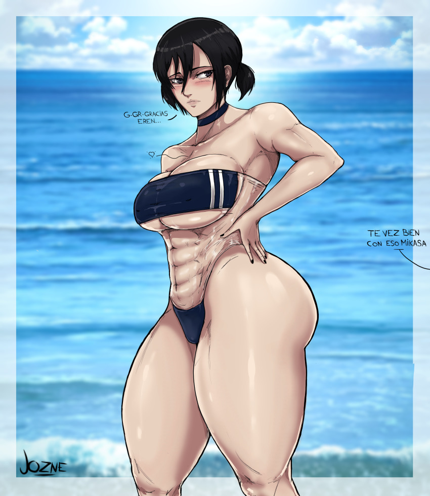 1girl absurdres alternate_breast_size ass beach black_hair blush breasts english_text female_focus gris_swimsuit hand_on_own_hip highres huge_ass jozne large_breasts looking_to_the_side medium_hair meme_attire mikasa_ackerman muscular muscular_female nail_polish one-piece_swimsuit outdoors ponytail shingeki_no_kyojin shiny_skin smile solo spanish_text swimsuit transparent water