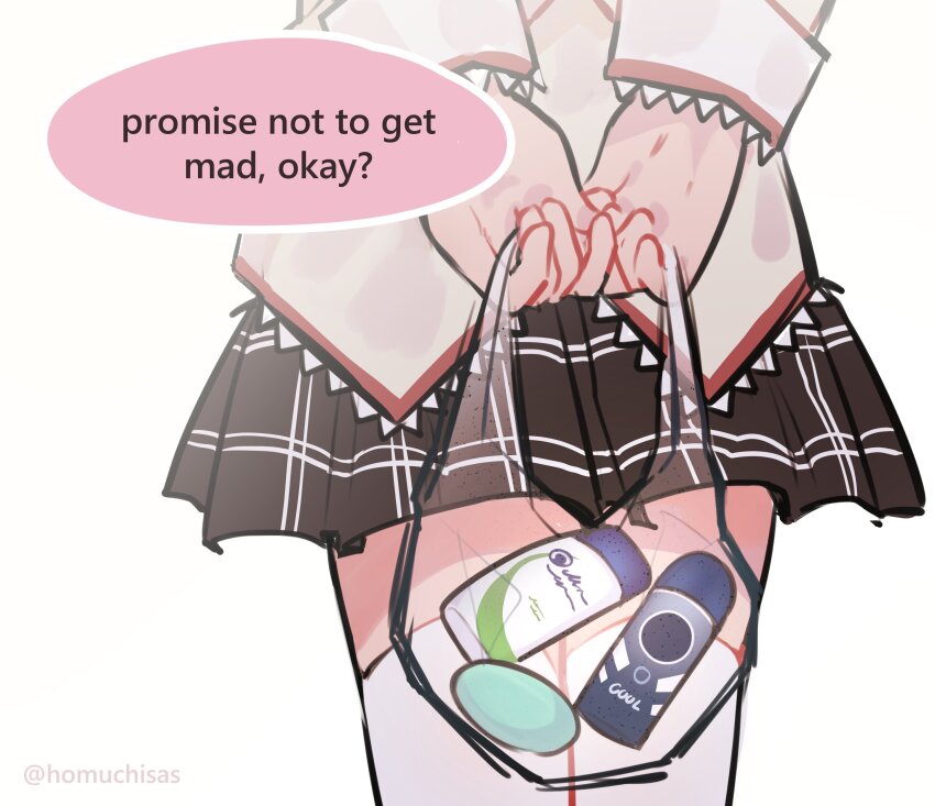 1girl absurdres artist_name bag deodorant english_text highres holding holding_bag homuchisas i_have_something_for_you_(meme) kaname_madoka mahou_shoujo_madoka_magica mahou_shoujo_madoka_magica_(anime) meme mitakihara_school_uniform school_uniform shampoo_bottle simple_background skirt soap solo speech_bubble thighhighs white_background