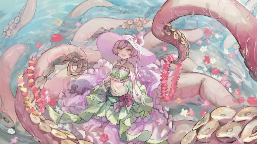 1girl commentary crop_top english_commentary flower flower_necklace full_body gloves green_skirt hat holding horizontal_pupils jewelry kyo_mizusawa looking_at_viewer monster_girl necklace ocean open_mouth original outdoors pink_flower pink_hair pink_hat scylla short_hair skirt solo suction_cups sun_hat tentacles water wet yellow_eyes yellow_flower