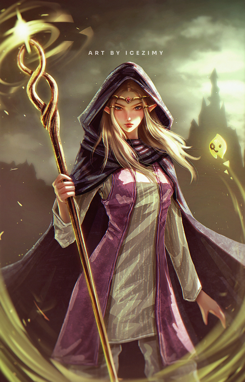 1girl artist_name blonde_hair castle cloak glowing gold_circlet highres holding holding_staff hood hood_up hooded_cloak icezimy long_hair looking_at_viewer mage_staff nintendo pointy_ears princess_zelda staff the_legend_of_zelda the_legend_of_zelda:_echoes_of_wisdom tri_(zelda) tri_rod