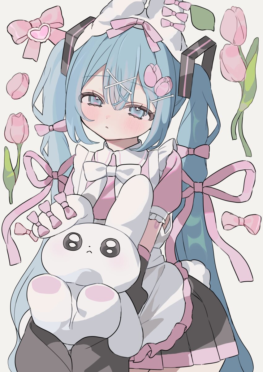 1girl absurdres animal_ears apron blue_hair blush bow detached_sleeves expressionless fake_animal_ears flower hair_bow hair_ornament hairclip hakudaku half-closed_eyes hatsune_miku highres holding holding_stuffed_toy long_hair long_sleeves looking_at_viewer pleated_skirt rabbit_ears short_sleeves skirt solo stuffed_animal stuffed_rabbit stuffed_toy tulip twintails very_long_hair vocaloid x_hair_ornament