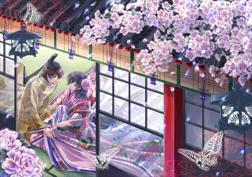 2boys alternate_costume brown_hair cherry_blossoms code_geass crossdressing fan_print hair_ornament hanairi_kikkou hexagon highres honeycomb_pattern japanese_clothes kimono kururugi_suzaku lelouch_vi_britannia male_focus multiple_boys sayagata sitting tatami touya_(artist) touya_(roukaku)