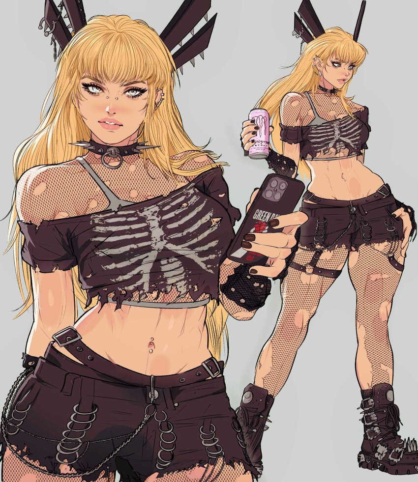 1girl abs absurdres blonde_hair blue_eyes breasts cleavage cleavage_cutout clothing_cutout crop_top drink fishnet_pantyhose fishnets goth_fashion highres long_hair looking_at_viewer magik_(x-men) marvel marvel_rivals navel pantyhose piercing short_shorts shorts solo x-men yoracrab