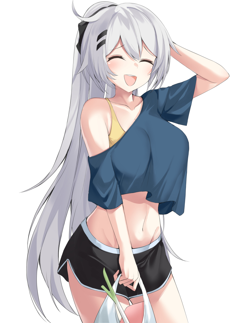 1girl :d absurdres arm_up bag black_shorts blue_shirt breasts closed_mouth collarbone commentary dolphin_shorts english_commentary gr_greeze hair_between_eyes hair_ornament hair_ribbon hairclip highres holding holding_bag honkai_(series) honkai_impact_3rd kiana_kaslana large_breasts laughing navel open_mouth ribbon shirt shorts simple_background smile solo spring_onion standing stomach upper_body white_background white_hair