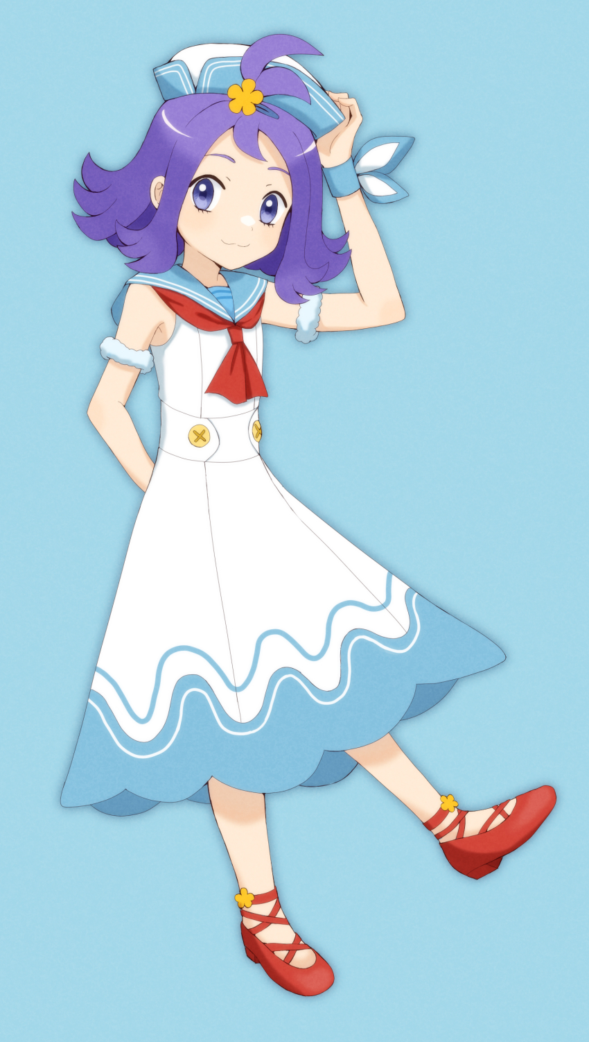 1girl absurdres acerola_(pokemon) acerola_(summer_2024)_(pokemon) arm_behind_back armlet closed_mouth commentary_request creatures_(company) dress flipped_hair full_body game_freak hair_ornament hairclip hand_on_headwear hat highres jewelry koroni_(nkrgs) looking_at_viewer nintendo official_alternate_costume pokemon pokemon_masters_ex purple_hair red_footwear shoes simple_background sleeveless sleeveless_dress smile solo topknot white_dress wristband