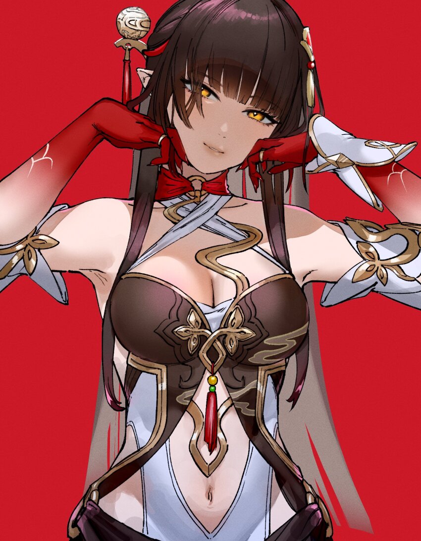 1girl breasts brown_hair choker cleavage clothing_cutout colored_skin detached_sleeves dress hair_ornament hands_up highres honkai:_star_rail honkai_(series) jewelry lingsha_(honkai:_star_rail) long_hair looking_at_viewer medium_breasts multiple_rings navel navel_cutout o-ring o-ring_choker otimusyairoha parted_lips pointy_ears red_background ring sidelocks simple_background single_wrist_cuff sleeveless sleeveless_dress smile solo standing upper_body wrist_cuffs yellow_eyes