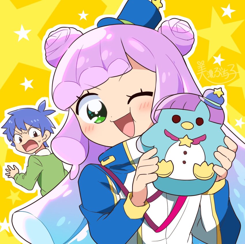 1boy 1girl ;d animal_bag bag blue_hair double_bun gradient_hair green_eyes hair_bun hands_up hat highres holding holding_bag jacket kawaii_kotarou long_hair long_sleeves looking_at_another looking_at_viewer looking_back mini_hat mini_top_hat monster_girl multicolored_hair one_eye_closed open_mouth outline puniru_(puniru_wa_kawaii_slime) puniru_wa_kawaii_slime purple_hair quriltai slime_girl smile star_(symbol) star_symbol_background surprised top_hat upper_body white_outline yellow_background