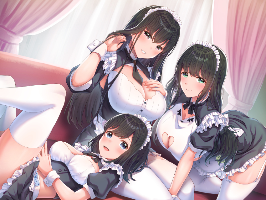 3girls :d absurdres all_fours aqua_eyes black_dress black_eyes black_hair blue_eyes breasts cleavage closed_mouth couch curtains dress garter_straps grin highres indoors large_breasts looking_at_viewer lying maid maid_headdress medium_breasts multiple_girls non-web_source odadadada open_mouth original short_sleeves sitting sleeves_past_wrists smile thighhighs thighs white_thighhighs window