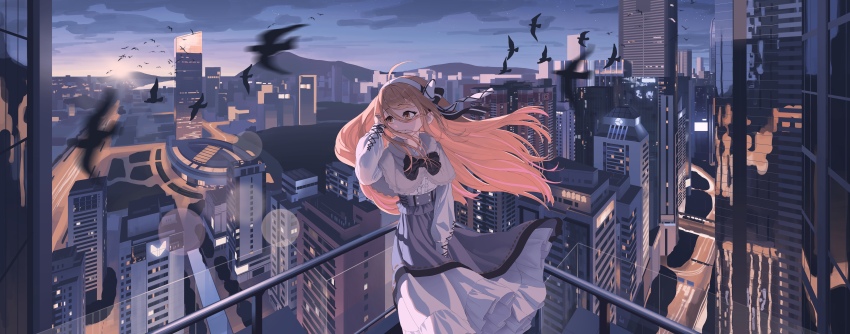 1girl absurdres ahoge bird capelet cityscape deepvocal dianying dress floating_hair hairband highres long_hair long_sleeves multicolored_hair night orange_eyes orange_hair puffy_long_sleeves puffy_sleeves rui_(rei_leyi) solo standing streaked_hair very_long_hair white_dress white_hairband