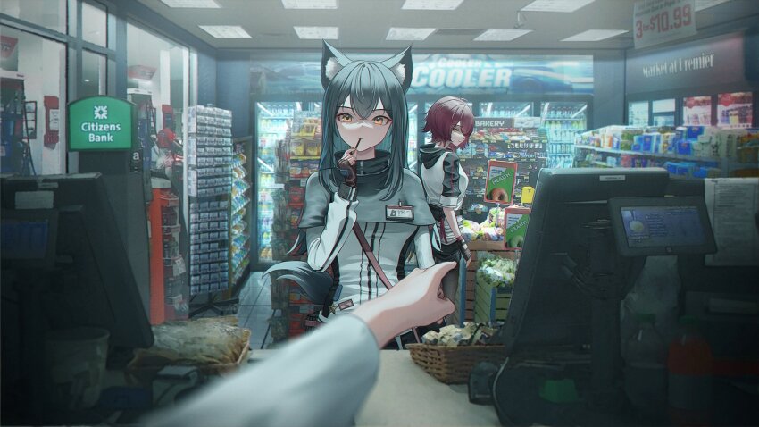 2girls animal_ear_fluff animal_ears arknights atm basket black_gloves capelet cashier commentary convenience_store counter crossed_bangs day english_commentary exusiai_(arknights) fingerless_gloves food food_packaging gloves hair_between_eyes hair_over_one_eye highres hood hooded_jacket indoors jacket lit_for_20 loaded_interior long_sleeves looking_at_viewer monitor multiple_girls pantyhose pocky pointing price price_tag red_hair refrigerator shelf shop sign standing store_clerk texas_(arknights) window wolf_ears wolf_girl yellow_eyes