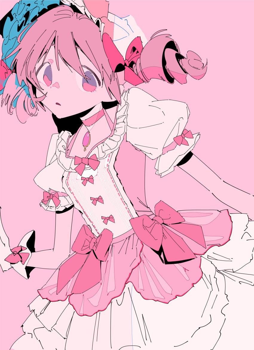 1girl absurdres bow bubble_skirt choker dress gloves hair_bow headdress highres kaname_madoka kaname_madoka_(magical_girl) looking_at_viewer magical_girl mahou_shoujo_madoka_magica matumot parted_lips pink_background pink_bow pink_choker pink_eyes pink_hair puffy_short_sleeves puffy_sleeves short_hair short_sleeves short_twintails skirt solo twintails white_gloves