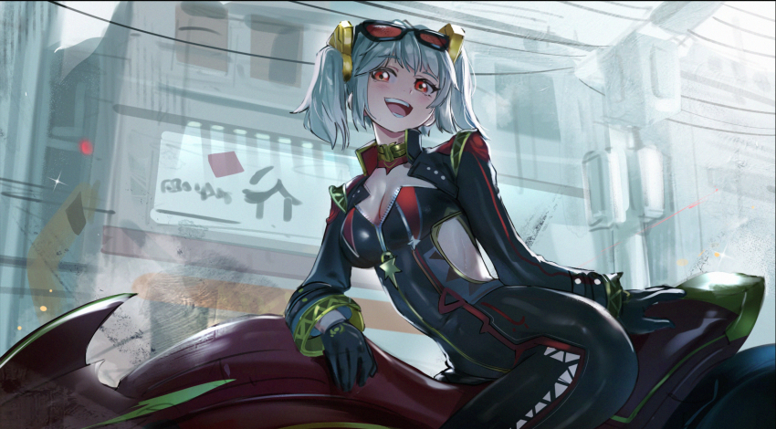 1girl black_bodysuit black_gloves bodysuit breasts building burnice_white cleavage commentary english_commentary fusion genshin_impact gloves goggles goggles_on_head grey_hair highres mavuika_(genshin_impact) medium_breasts motor_vehicle motorcycle on_motorcycle open_mouth outdoors red-tinted_eyewear red_eyes solo teeth tinted_eyewear twintails waligner zenless_zone_zero