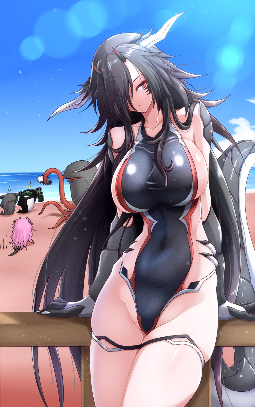 1boy 2girls absurdres bare_shoulders black_hair breasts chibi claws collarbone competition_swimsuit covered_navel dragon_boy dragon_claw dragon_girl dragon_horns dragon_tail g_(genesis1556) hair_over_one_eye highleg highleg_one-piece_swimsuit highres horns large_breasts leia_(g_(genesis1556)) long_hair mia_(g_(genesis1556)) monster_boy monster_girl multiple_girls one-piece_swimsuit orca original pink_hair red_eyes rio_(g_(genesis1556)) rocket_launcher rpg rpg-7 rpg_(weapon) scales shark shark_fin sharktopus short_hair sideless_swimsuit sidelocks sky solo_focus swimsuit tail very_long_hair wavy_hair weapon white_hair