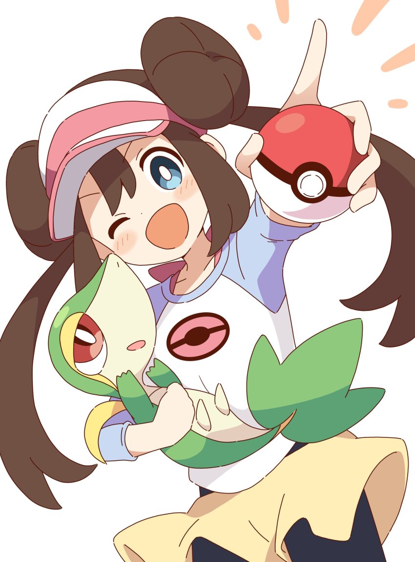 1girl ;d absurdres black_pantyhose blue_eyes blush brown_hair collarbone cowboy_shot creatures_(company) dot_nose double_bun donut_hair_bun game_freak gen_5_pokemon hair_bun highres holding holding_poke_ball holding_pokemon long_hair looking_at_viewer nintendo one_eye_closed open_mouth pantyhose poke_ball pokemon pokemon_(creature) pokemon_bw2 rosa_(pokemon) shirt short_shorts shorts sidelocks simple_background smile snivy solo twintails visor_cap white_background white_shirt yellow_shorts zungurimukkuri_tarou