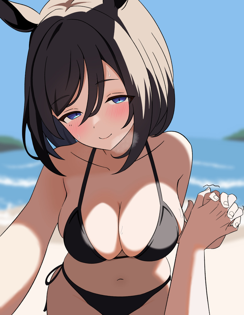 1girl 1other absurdres animal_ears beach bikini black_bikini black_hair blue_eyes blue_sky breasts cleavage collarbone cowboy_shot day eishin_flash_(umamusume) empty_eyes hair_between_eyes highres horizon horse_ears horse_girl kuronekozaka large_breasts looking_at_viewer navel ocean outdoors pov short_hair side-tie_bikini_bottom sky swimsuit umamusume