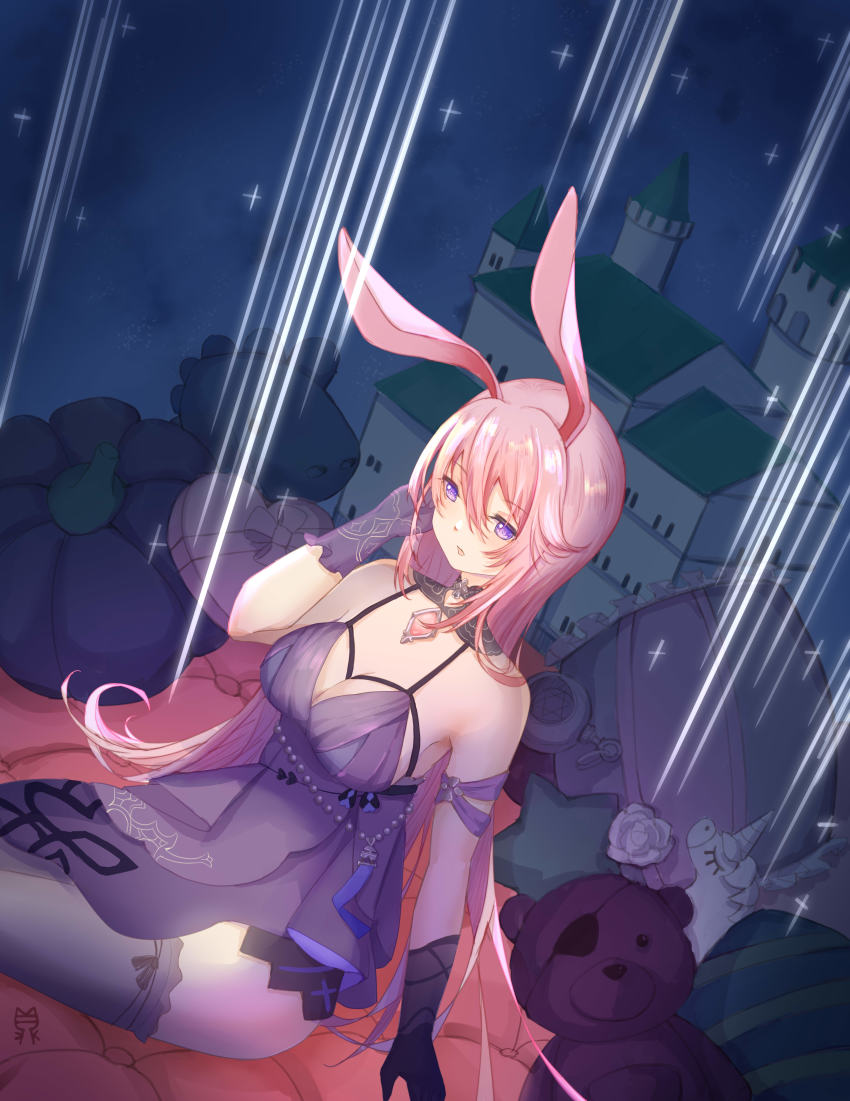 1girl :o absurdres alternate_hairstyle animal_ears asymmetrical_gloves bare_shoulders black_gloves black_thighhighs cushion dress fox_ears gloves hair_between_eyes hand_on_own_cheek hand_on_own_face highres honkai_(series) honkai_impact_3rd long_hair mismatched_gloves open_mouth pillow pink_hair purple_dress purple_eyes purple_gloves sitting sleeveless sleeveless_dress solo sparkle stuffed_animal stuffed_toy teddy_bear thighhighs yae_sakura yae_sakura_(flame_sakitama) yae_sakura_(mauve_cascade) yichuanxue