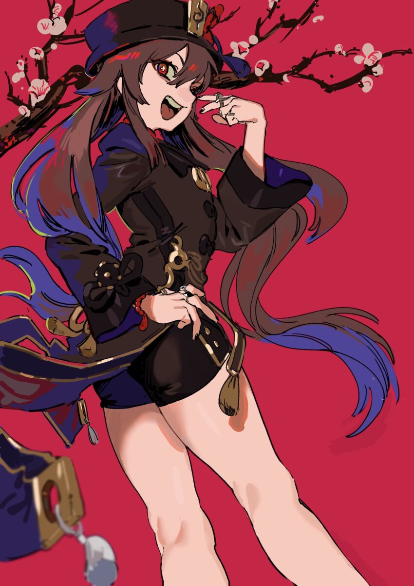 1girl ass bead_bracelet beads black_nails black_shorts bracelet branch brown_hair bud flower-shaped_pupils genshin_impact hair_between_eyes hand_on_own_hip hat highres hu_tao_(genshin_impact) jewelry kneepits long_hair long_sleeves looking_at_viewer multiple_rings nail_polish open_mouth red_background red_eyes ring short_shorts shorts sidelocks simple_background solo suzuri_2449 symbol-shaped_pupils tassel very_long_hair