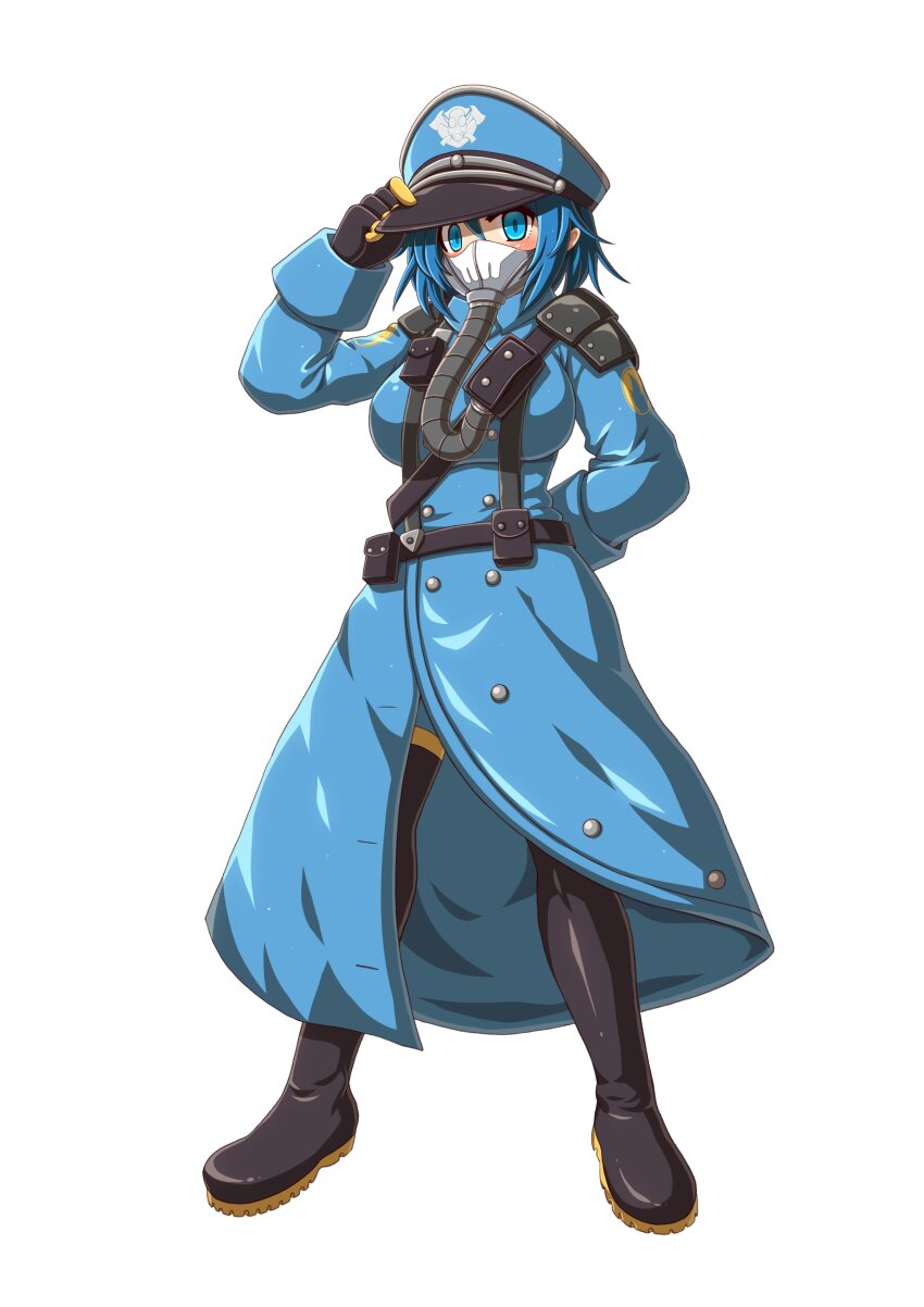 1girl absurdres black_footwear black_gloves blu_pyro_(tf2) blue_bodysuit blue_coat blue_eyes blue_hair bodysuit boots breasts coat commissar commissar_cap commission death_korps_of_krieg emperpep full_body genderswap genderswap_(otf) gloves highres large_breasts long_sleeves mask military military_uniform pyro_(tf2) respirator second-party_source short_hair simple_background solo standing team_fortress_2 thigh_boots warhammer_40k white_background