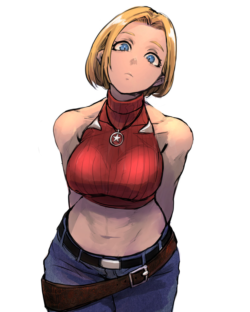 1girl 6maker abs absurdres arms_behind_back belt blonde_hair blue_eyes blue_mary blue_pants breasts cropped_sweater denim highres jeans jewelry large_breasts leaning_forward looking_at_viewer loose_belt multiple_belts pants pendant red_sweater ribbed_sweater short_hair sleeveless sleeveless_sweater snk solo sweater the_king_of_fighters turtleneck turtleneck_sweater white_background wide_hips