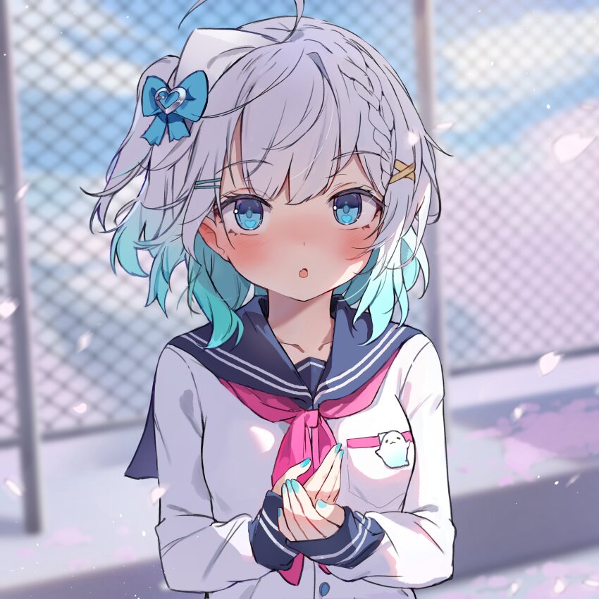 1girl absurdres ahoge blue_bow blue_eyes blue_sailor_collar blurry blurry_background blush bow braid chain-link_fence collarbone commentary english_commentary fang fence ghost gradient_hair green_hair green_nails hair_bow hair_ornament hairpin heart heart_in_eye highres indie_virtual_youtuber long_sleeves looking_at_viewer mint_fantome mint_fantome_(minto_2.0) multicolored_hair nail_polish neckerchief open_mouth orobou outdoors pink_neckerchief sailor_collar school_uniform second-party_source shirt short_hair sidelocks skin_fang sleeves_past_wrists solo symbol_in_eye triangular_headpiece upper_body virtual_youtuber white_hair white_shirt x_hair_ornament