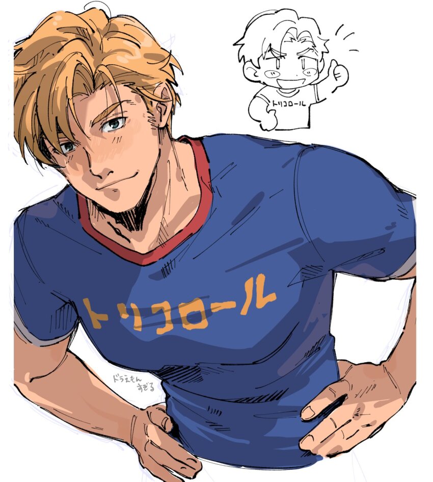 1boy blonde_hair blue_shirt blush_stickers closed_mouth cropped_torso doodle_inset facial_hair hands_on_own_hips highres leaning_forward lewis_smith light_blush looking_at_viewer male_focus shirt sideburns_stubble sketch solo stubble thumbs_up tight_clothes tight_shirt wahootarou white_background yuuki_bakuhatsu_bang_bravern