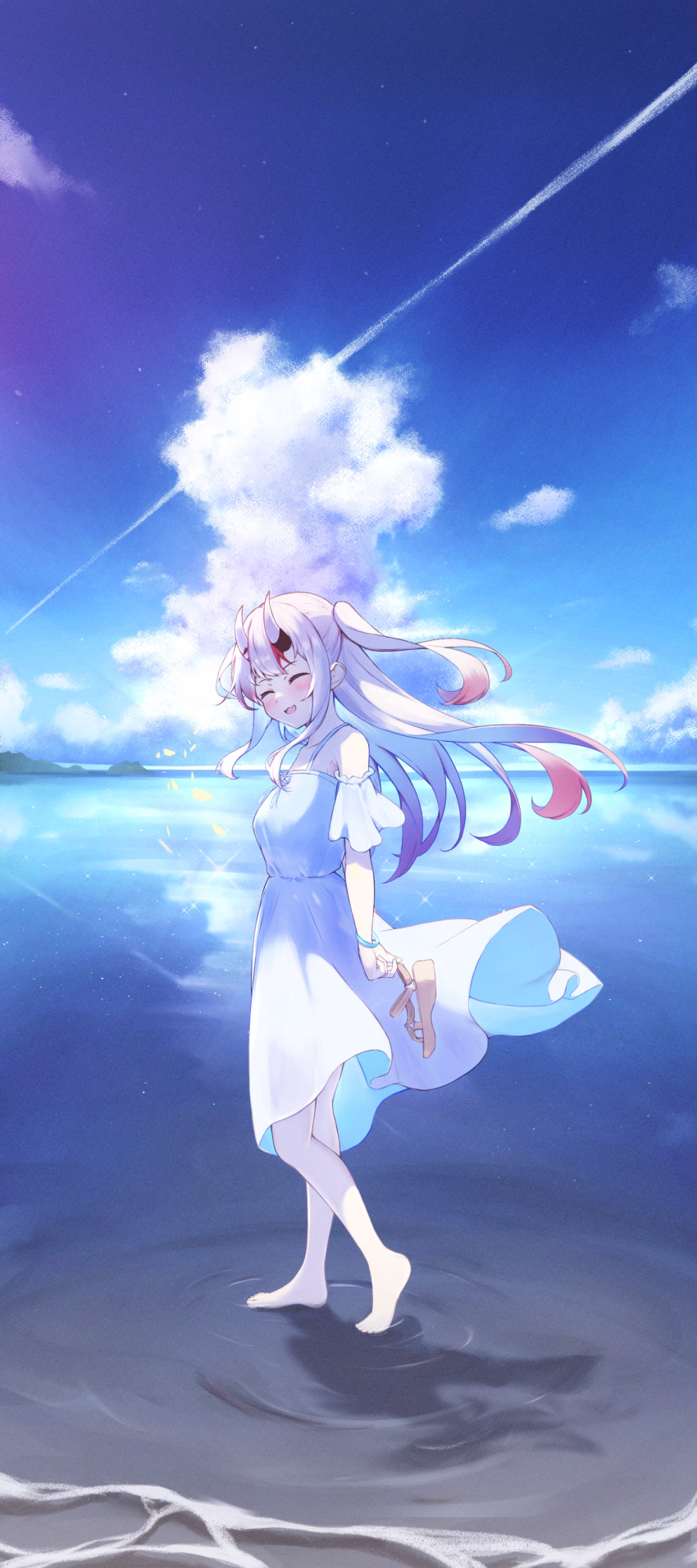 1girl absurdres alternate_costume alternate_hairstyle barefoot beach blue_sky bougashi closed_eyes cloud cumulonimbus_cloud day dress full_body gradient_hair highres holding holding_footwear holding_sandals holding_unworn_clothes hololive horns long_hair looking_at_viewer multicolored_hair nakiri_ayame ocean open_mouth outdoors red_hair sandals sidelocks skin-covered_horns sky smile solo sundress two_side_up virtual_youtuber white_dress white_hair wristband