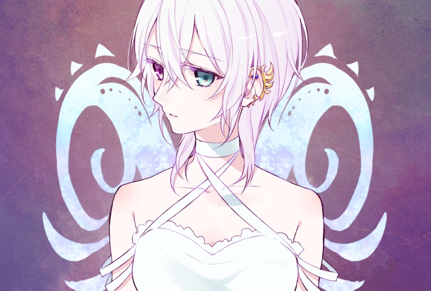 1girl bare_shoulders blue_eyes blush chisumi choker criss-cross_halter dress earrings female_focus hair_between_eyes halterneck heterochromia jewelry looking_at_viewer original parted_lips pink_eyes purple_hair short_hair solo upper_body white_choker white_dress