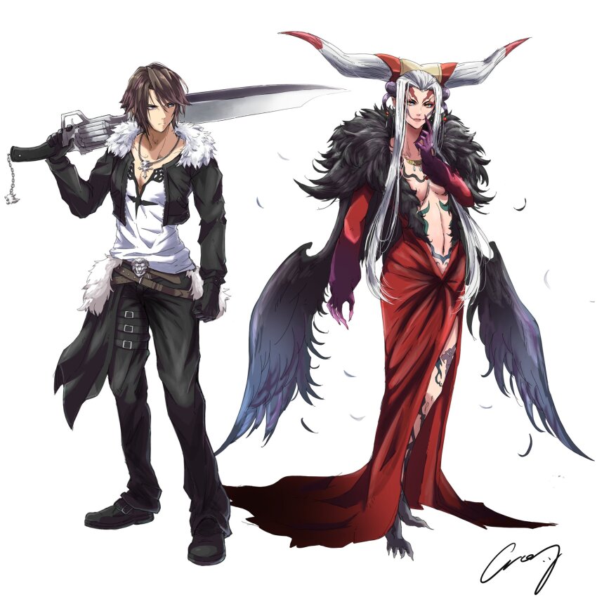 1boy 1girl black_footwear black_gloves black_jacket black_pants black_wings body_markings breasts brown_hair chain chain_necklace clawed_feet claws cleavage crazy02oekaki cropped_jacket dissidia_final_fantasy dress facial_mark falling_feathers feathers final_fantasy final_fantasy_viii finger_to_mouth full_body fur-trimmed_jacket fur_trim gloves grey_hair gunblade hair_horns highres jacket jewelry long_bangs long_sleeves medium_breasts navel necklace orange_eyes over_shoulder pants parted_bangs plunging_neckline red_dress scar scar_on_face scar_on_forehead shirt short_hair signature standing ultimecia weapon weapon_over_shoulder white_background white_shirt wings