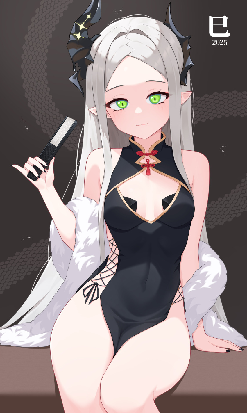 1girl 2025 absurdres bare_shoulders black_dress black_horns black_nails breasts china_dress chinese_clothes dress forehead goddess_of_victory:_nikke green_eyes grey_hair hand_fan happy_new_year highres horns leviathan_(nikke) long_hair looking_at_viewer new_year no_panties pointy_ears small_breasts smile thighs tsubame_tien