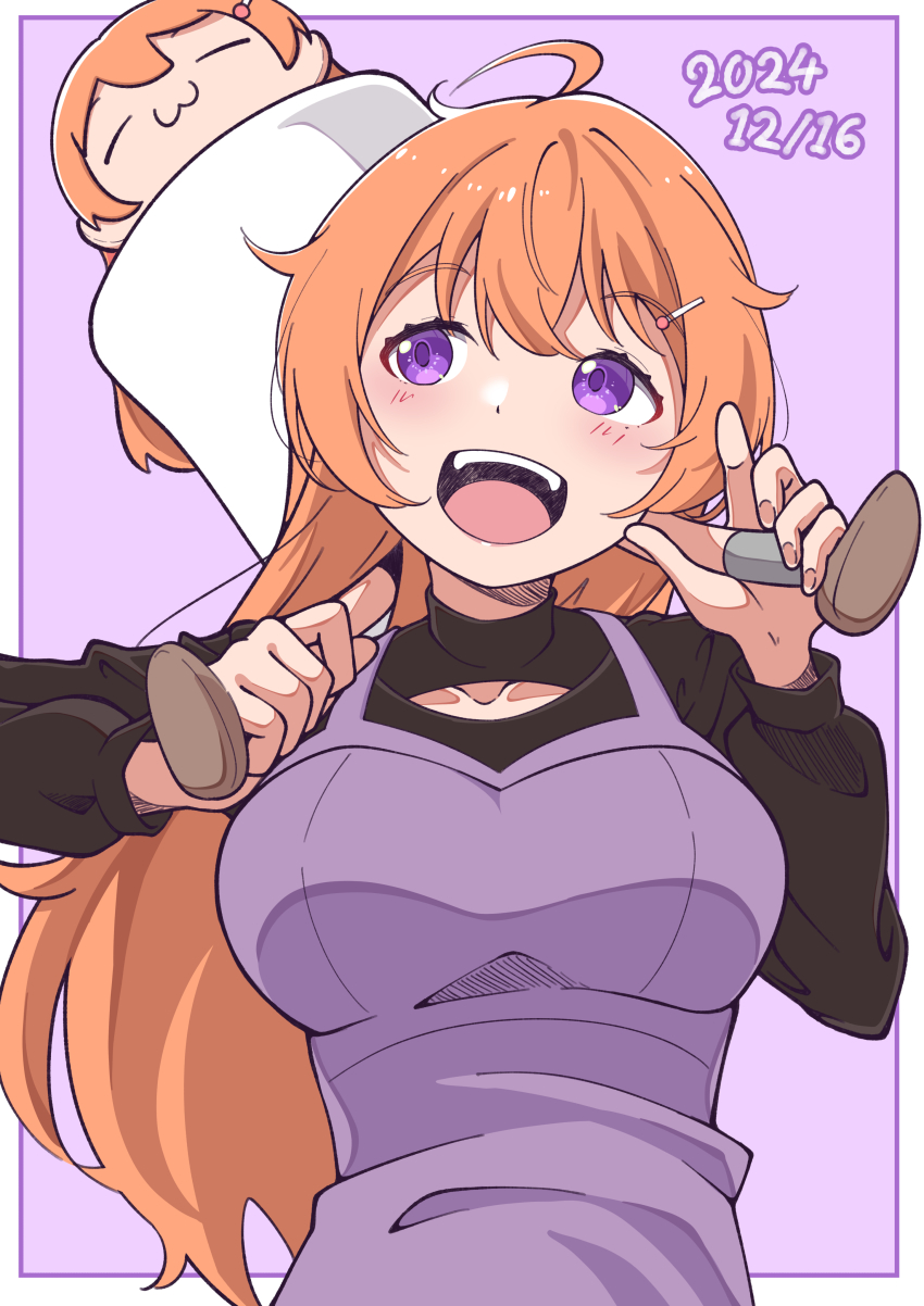 1girl absurdres birthday blush border breasts cleavage_cutout clothing_cutout commentary dated hair_ornament hairpin highres holding holding_stuffed_toy konoe_kanata large_breasts long_hair love_live! love_live!_nijigasaki_high_school_idol_club orange_hair purple_background purple_eyes stuffed_toy thio_lovelive upper_body white_border