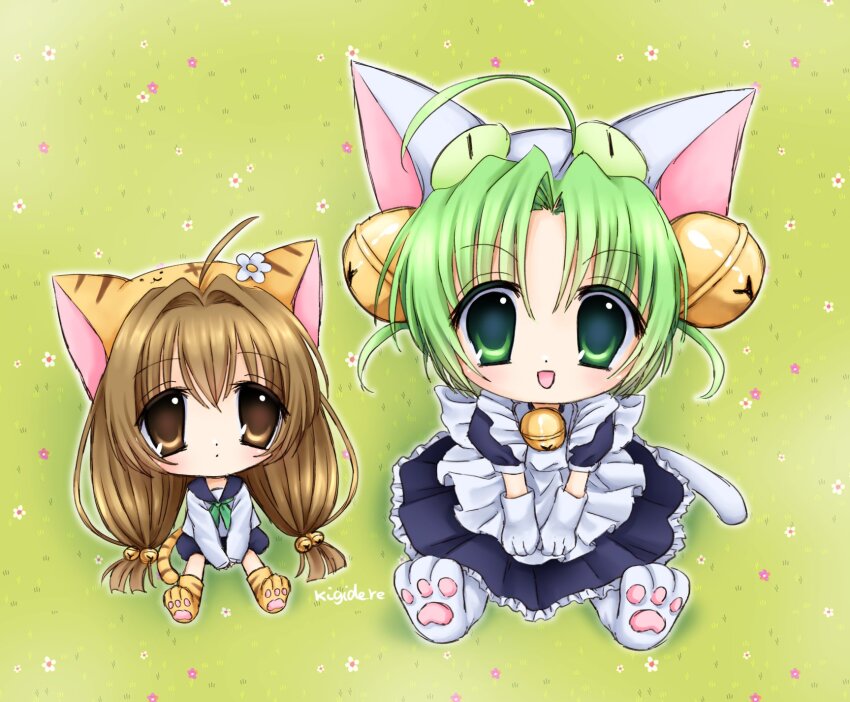 2000s_(style) 2girls ahoge animal_ears animal_hands animal_hat apron artist_name bell blue_dress brown_eyes brown_hair cat_ears cat_girl cat_hat cat_tail closed_mouth dejiko di_gi_charat dot_mouth dress flower frilled_dress frills full_body gloves green_eyes green_hair hair_bell hair_ornament hat hat_flower highres jingle_bell kigidere long_hair looking_at_viewer multiple_girls neck_bell on_grass on_ground one_side_up open_mouth outdoors paw_gloves paw_shoes puchiko shirt signature smile tail twintails white_apron white_flower white_shirt