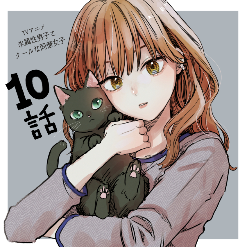 1girl animal animal_hug black_cat border brown_hair cat copyright_name earrings episode_number eyebrows_hidden_by_hair fuyutsuki_mio grey_background grey_shirt hand_up hatching_(texture) highres holding holding_animal holding_cat jewelry koori_zokusei_danshi_to_cool_na_douryou_joshi linear_hatching long_hair long_sleeves looking_at_viewer nyamero_(koori_zokusei_danshi) official_art outside_border parted_lips pet shirt three-quarter_sleeves solo tonogaya upper_body wavy_hair white_border yellow_eyes