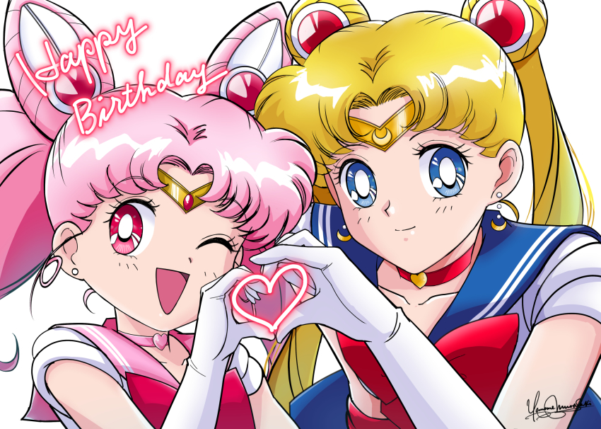 2girls bishoujo_senshi_sailor_moon blonde_hair blue_eyes blue_sailor_collar bow chibi_usa choker commentary_request cone_hair_bun dj_jdite double_bun elbow_gloves gloves hair_bun happy_birthday heart heart_choker heart_hands heart_hands_duo highres multiple_girls official_style one_eye_closed pink_hair pink_sailor_collar red_bow red_choker red_eyes sailor_chibi_moon sailor_collar sailor_moon sailor_senshi_uniform signature smile tiara tsukino_usagi twintails upper_body white_gloves