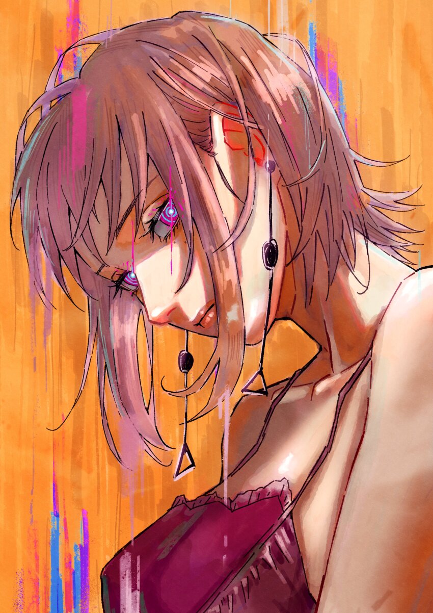 1girl @_@ absurdres breasts chainsaw_man earrings erupusai2 expressionless fami_(chainsaw_man) from_side head_tilt highres jewelry looking_at_viewer medium_breasts mole mole_under_eye orange_background pink_eyes short_hair solo tassel tassel_earrings