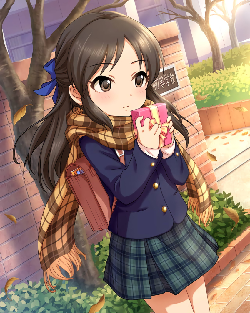 1girl annindoufu_(oicon) autumn_leaves bag bandai_namco blue_bow blue_coat blush book book_bag bow brown_hair coat day gift green_skirt highres holding holding_gift idolmaster idolmaster_cinderella_girls idolmaster_cinderella_girls_u149 leaf official_art outdoors scarf shy skirt solo tachibana_arisu tree wall