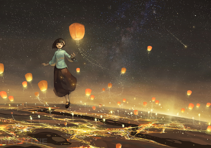 1girl artist_name black_eyes black_hair chinese_clothes female_focus han_yijie horizon light_particles night night_sky open_mouth original scenery short_hair skirt sky smile solo standing standing_on_one_leg star_(sky) starry_sky walking walking_on_liquid