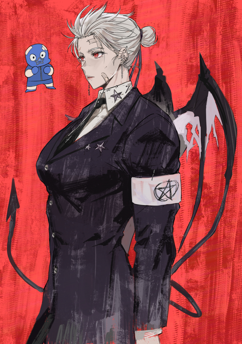 1girl absurdres breasts dorohedoro earrings formal_clothes gloves hair_bun highres jewelry korean_commentary long_hair muscular muscular_female necktie noi_(dorohedoro) park_ongjol red_eyes single_hair_bun skirt solo tail white_hair wings