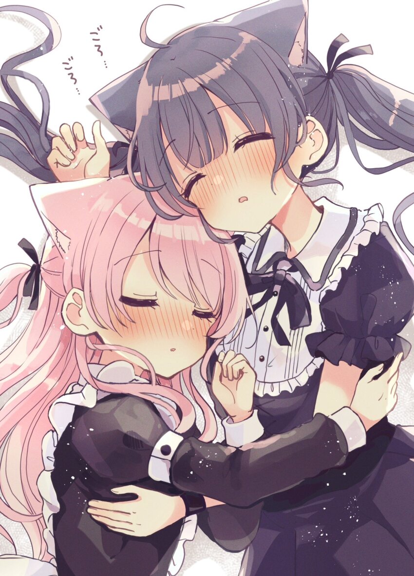 2girls ahoge animal_ear_fluff animal_ears apron arm_up black_bow black_dress black_hair black_ribbon blush bow cat_ears closed_eyes collared_dress commentary_request dress facing_viewer frilled_apron frills fushigi_na_neko_no_machi_meltier hair_ribbon highres layered_sleeves long_hair long_sleeves maid_apron moco_(fushigi_na_neko_no_machi_meltier) multiple_girls nose_blush parted_lips pink_hair puffy_short_sleeves puffy_sleeves ribbon rucora_(fushigi_na_neko_no_machi_meltier) sakura_oriko short_over_long_sleeves short_sleeves twintails two_side_up very_long_hair waitress white_apron