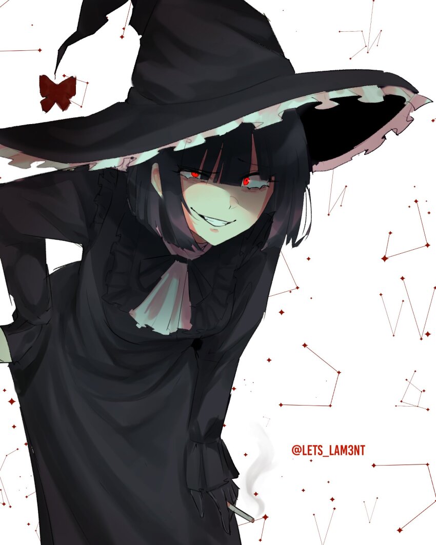 1girl black_dress black_hair bob_cut bug butterfly cigarette constellation dress evil_grin evil_smile glowing glowing_eyes grin half-closed_eye hat highres holding holding_cigarette insect leaning_forward lets_lam3nt limbus_company project_moon red_butterfly red_eyes ryoshu_(project_moon) smile uneven_eyes witch witch_hat