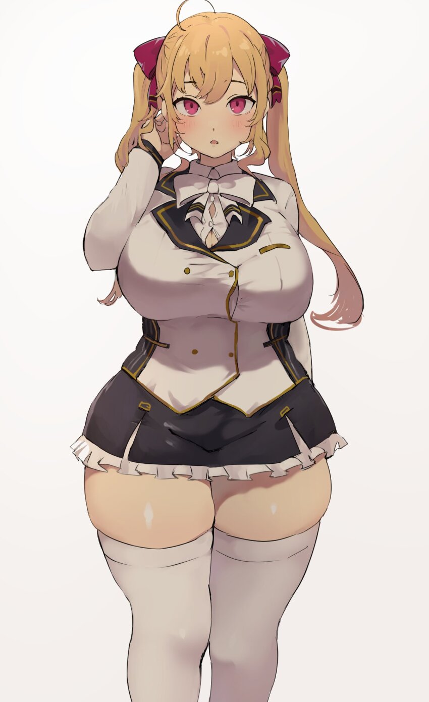 1girl ahoge blonde_hair bow bowtie breasts cowboy_shot hair_between_eyes highres large_breasts long_hair long_sleeves looking_at_viewer nijisanji school_uniform simple_background skindentation skirt solo standing takamiya_rion takamiya_rion_(1st_costume) thick_thighs thighhighs thighs twintails virtual_youtuber wasabi_sushi zettai_ryouiki