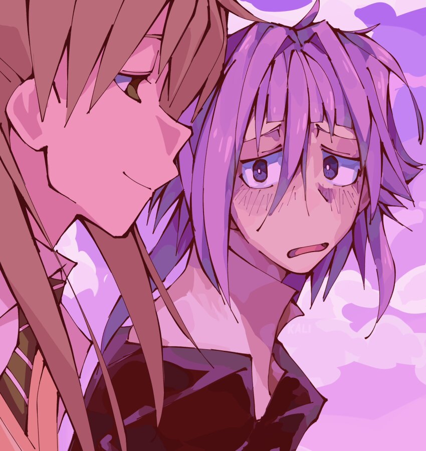 1other alternate_eye_color androgynous blonde_hair blue_eyes blush closed_mouth commentary crona_(soul_eater) english_commentary green_eyes green_necktie hair_between_eyes highres kaligraphy looking_at_another maka_albarn necktie open_mouth other_focus purple_hair purple_sky short_hair sky smile soul_eater striped_necktie