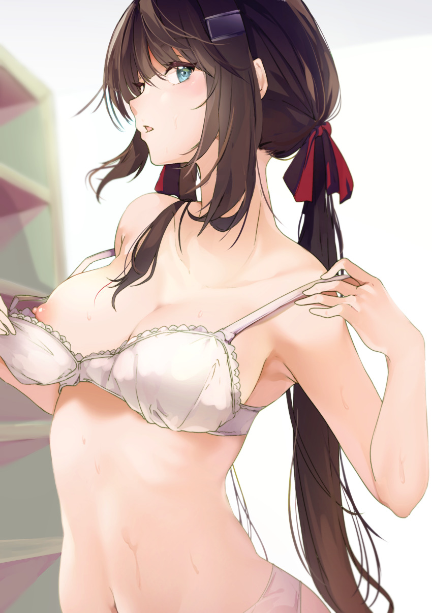 1girl absurdres azur_lane blue_eyes bra breasts brown_hair cleavage glasgow_(azur_lane) hair_between_eyes hair_ornament hair_ribbon hairclip highres long_hair looking_at_viewer nipples parted_lips red_ribbon ribbon sidelocks solo stomach suwakana underwear underwear_only undressing upper_body very_long_hair white_bra