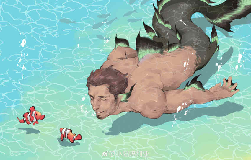 1boy absurdres back bara beard completely_nude dark-skinned_male dark_skin eel_boy facial_hair fins fish from_above full_body goatee head_fins highres male_focus mature_male merman monster_boy muscular muscular_male nude original short_hair sideburns solo stubble swimming underwater xiaolumiaoliya