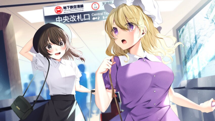 2girls :d :o bag black_bag black_hat black_skirt blonde_hair blouse blush breasts brown_bag brown_eyes brown_hat buttons collared_shirt commentary_request hand_on_headwear happy hat high-waist_skirt highres indoors kaede_(mmkeyy) maribel_hearn medium_breasts medium_hair mob_cap multiple_girls open_mouth puffy_short_sleeves puffy_sleeves purple_eyes purple_shirt running shirt short_sleeves shoulder_bag skirt small_breasts smile touhou translation_request usami_renko white_hat window